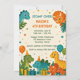 Invitación Cumpleaños 4 de Dinosaurio Naranja Verde Azul Turq