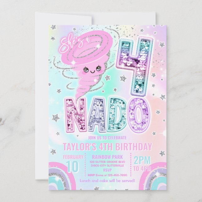 Invitación Cumpleaños 4 de Fiesta de Arcoiris Brillante Four  (Anverso)