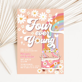 Invitación Cumpleaños 4 de Four Ever Young Groovy Daisy Rainb