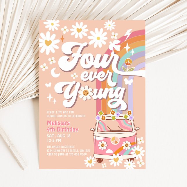 Invitación Cumpleaños 4 de Four Ever Young Groovy Daisy Rainb (Subido por el creador)