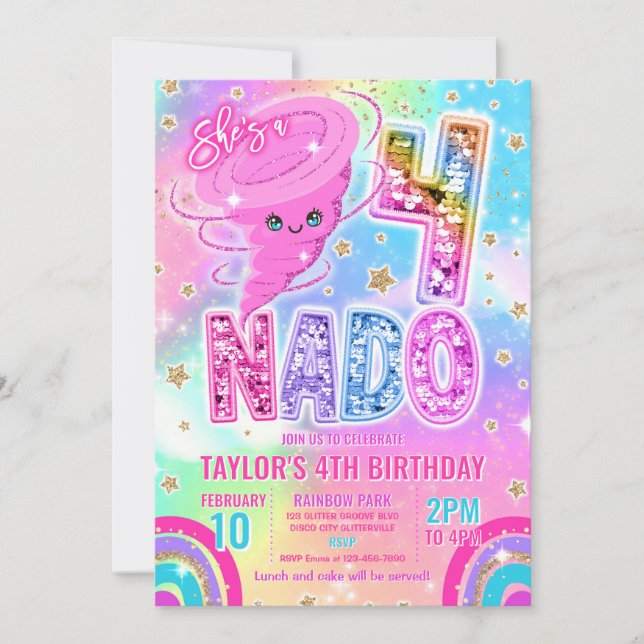 Invitación Cumpleaños 4 de Four Nado Rainbow Glitter  (Anverso)