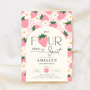 Invitación Cumpleaños 4 de Fresa Dulce por Siempre Rosa