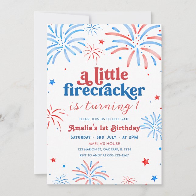 Invitación Cumpleaños 4 de julio 1er cumpleaños Little Firecr (Anverso)