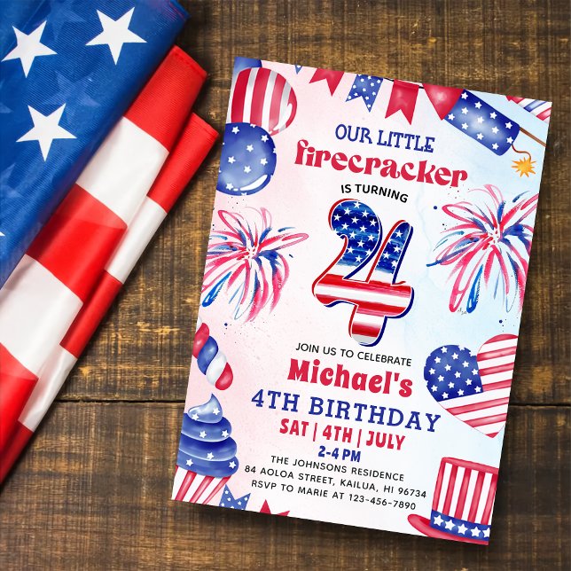 Invitación Cumpleaños 4 de julio Little Firecracker  4 años (Subido por el creador)