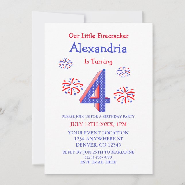 Invitación Cumpleaños 4 de Little Firecracker (Anverso)