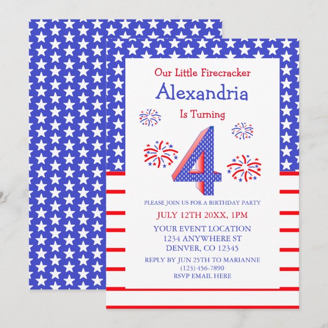 Invitación Cumpleaños 4 de Little Firecracker (Anverso / Reverso)