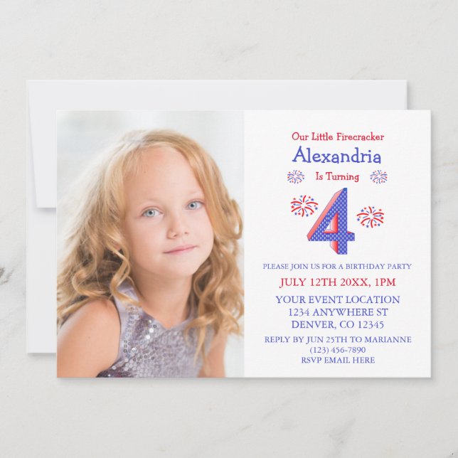 Invitación Cumpleaños 4 de Little Firecracker (Anverso)