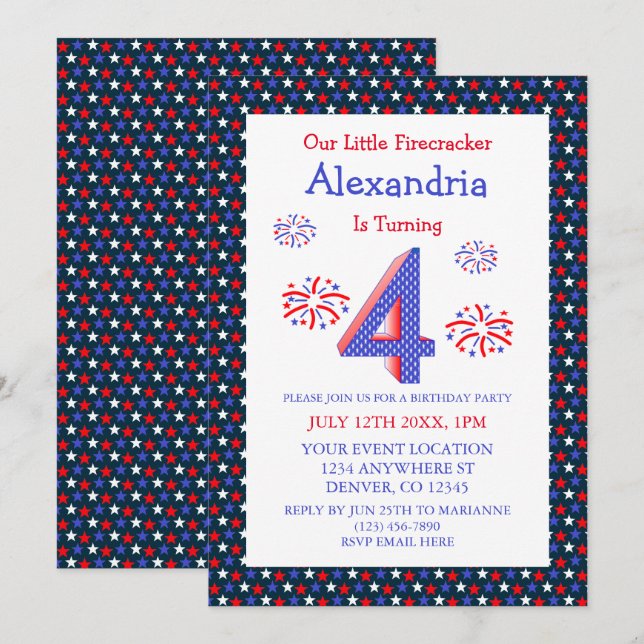 Invitación Cumpleaños 4 de Little Firecracker (Anverso / Reverso)