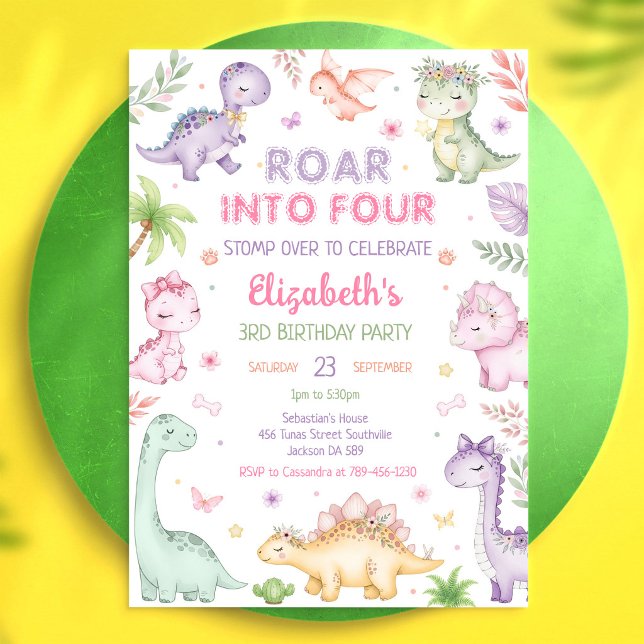 Invitación Cumpleaños 4 de niña dinosaurio pastel rugido (Subido por el creador)