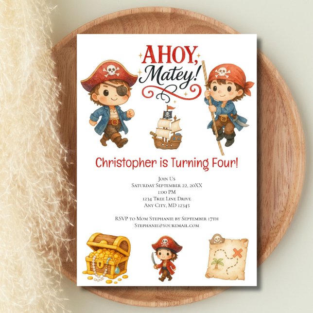 Invitación Cumpleaños 4 de Niños Piratas Lindo Moderno (Pirate boys 4th birthday party invitation template, Can edit for any age. Toddler boys birthday, kid)