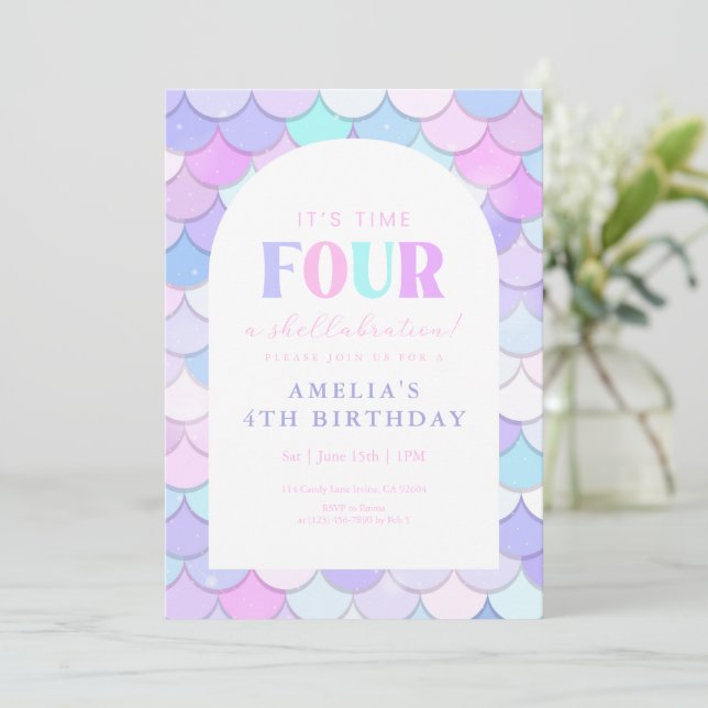 Invitación Cumpleaños 4 de Sirena Rosa (Anverso de pie)