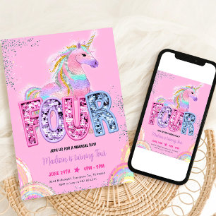 Invitación Cumpleaños 4 de Unicornio de Lentejuelas de Arcoír