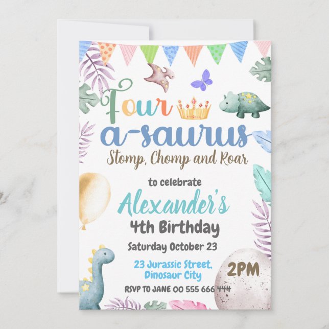 Invitación Cumpleaños 4 del Dinosaurio Fiesta Cuatro-O-Saurus (Anverso)