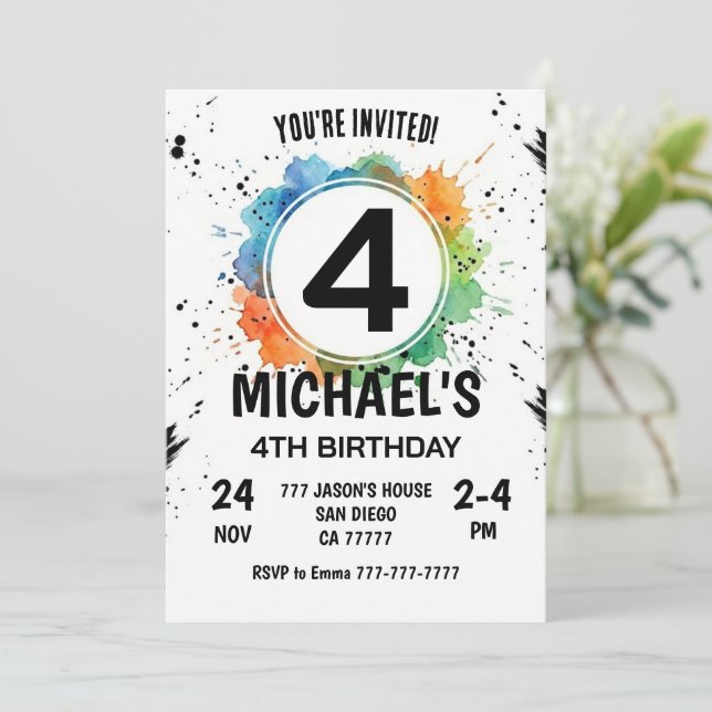 Invitación Cumpleaños 4 del niño de salpicadura de acuarela (Anverso de pie)