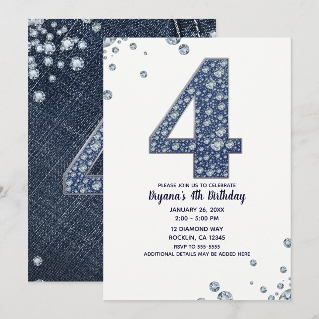 Invitación Cumpleaños 4 Denim & Diamonds Brillo Brillante 4 (Anverso / Reverso)