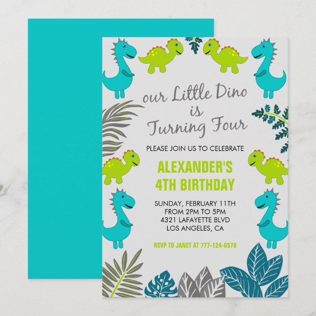 Invitación Cumpleaños 4 dinosaurio jungla verde t rex lindo (Anverso / Reverso)