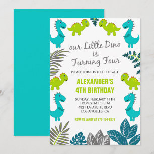 Invitación Cumpleaños 4 dinosaurio selva verde dino t rex