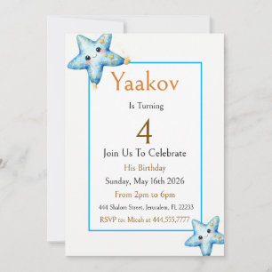Invitación Cumpleaños 4 Estrella de Mar Azul Dorado Costero O