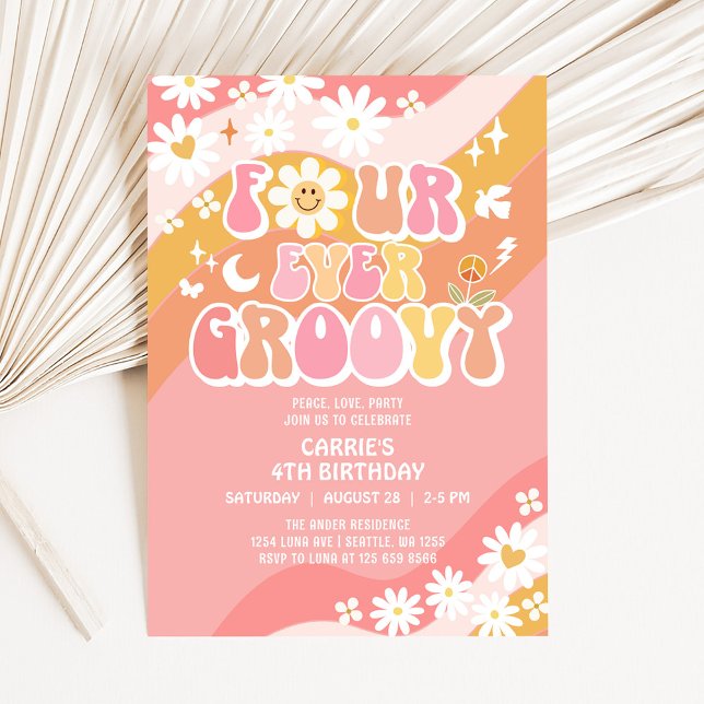 Invitación Cumpleaños 4 hippie de Daisy Groovy FOUR Ever (Subido por el creador)