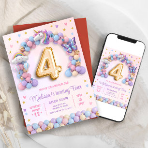 Invitación Cumpleaños 4 Pastel Arcoíris Unicornio