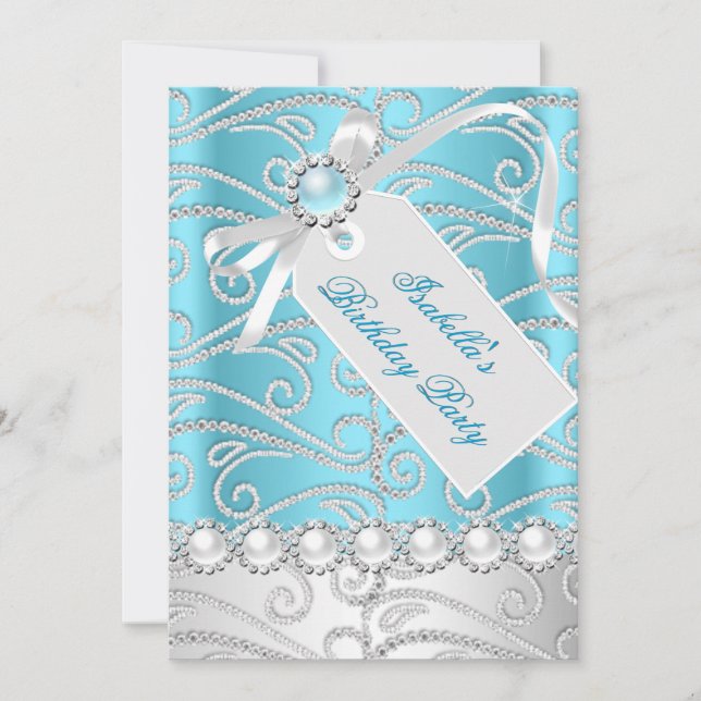 Invitación Cumpleaños 4 Perla Blanca Azul Verde Diamantes (Anverso)