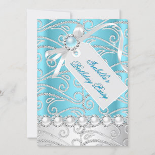 Invitación Cumpleaños 4 Perla Blanca Azul Verde Diamantes