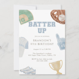 Invitación Cumpleaños 4 Preppy Azul Bate de Béisbol 
