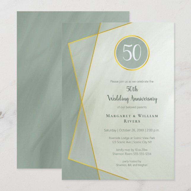 Invitación cumpleaños 50.º jade gris con marco dorado (Anverso / Reverso)