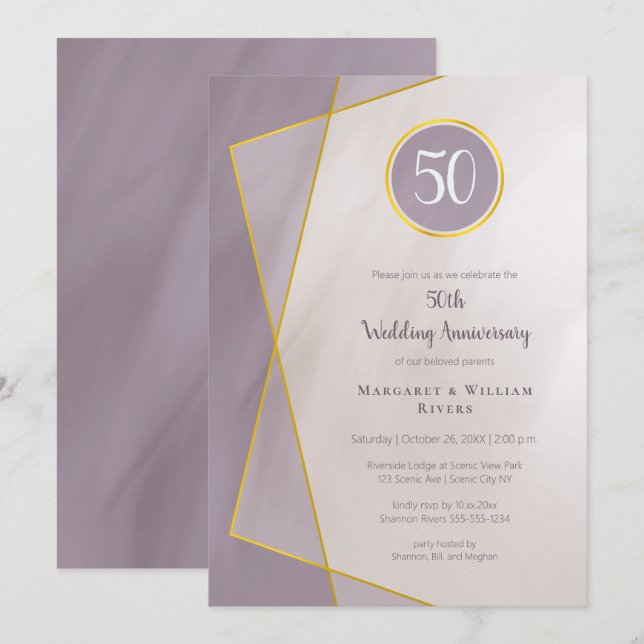 Invitación cumpleaños 50.º marco de oro de ciruelas apagadas (Anverso / Reverso)