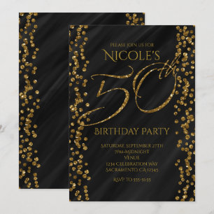 Invitación Cumpleaños 50 50 años Negro y Dorado Falso Brillan