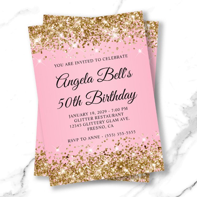Invitación Cumpleaños 50 Anagrama Fantasía Brillo Dorado Rosa (Gold Glitter Pink Fancy Monogram 50th Birthday Invitation)
