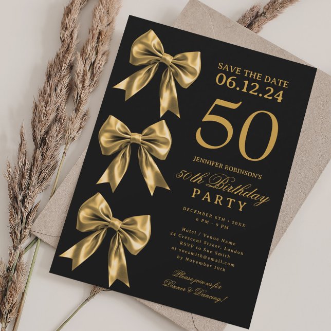 Invitación Cumpleaños 50 Aniversario Lazo Coqueta Dorado Guar (Gold Coquette Bow Save The Date 50th Birthday Invitation)