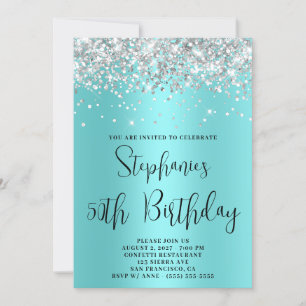 Invitación Cumpleaños 50 años Glitter Plateado Claro Aqua Ver
