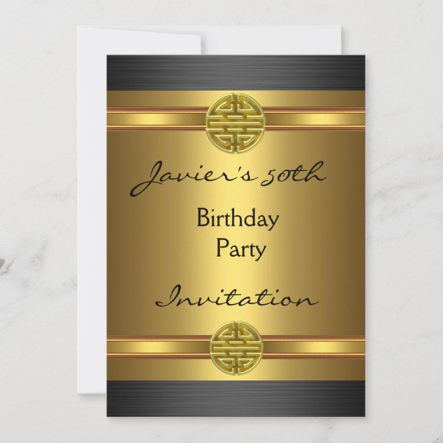 Invitación Cumpleaños 50 años Hombre Negro Oro (Anverso)