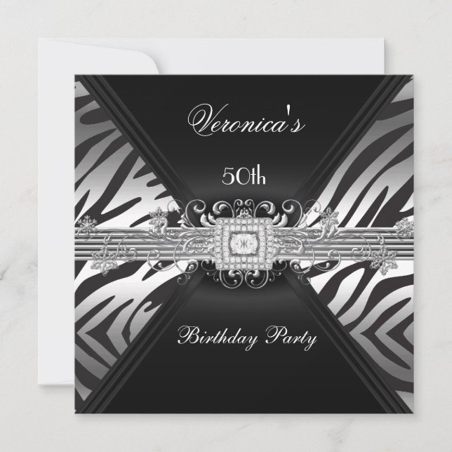 Invitación Cumpleaños 50 años Imagen de cebra negra plateada  (Anverso)