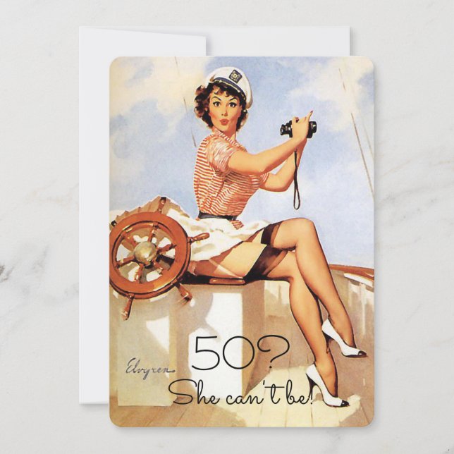 Invitación Cumpleaños 50, Antiguo, Chica Sexy de Pin Up (Anverso)