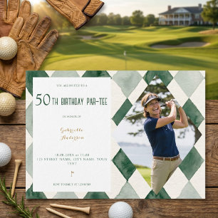 Invitación Cumpleaños 50 Argyle Aquarela Fiesta Golf Verde