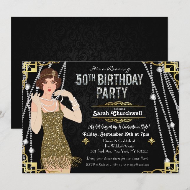 Invitación Cumpleaños 50 Art Deco Chica Flapper Cumpleaños Ga (Anverso / Reverso)
