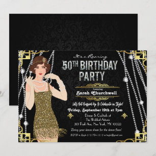Invitación Cumpleaños 50 Art Deco Chica Flapper Cumpleaños Ga