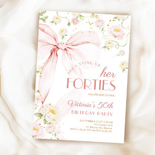 Invitación Cumpleaños 50 Atando Lazos Rosados Florales Cuaren