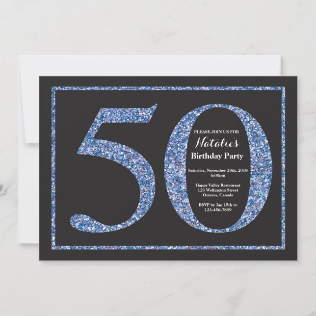 Invitación Cumpleaños 50 Azul Pizarra Brillante (Anverso)