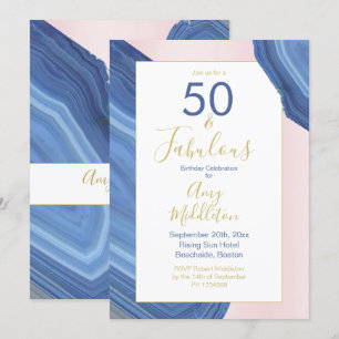 Invitación Cumpleaños 50 Azul Rosa Moderno Agata Mineral Roca