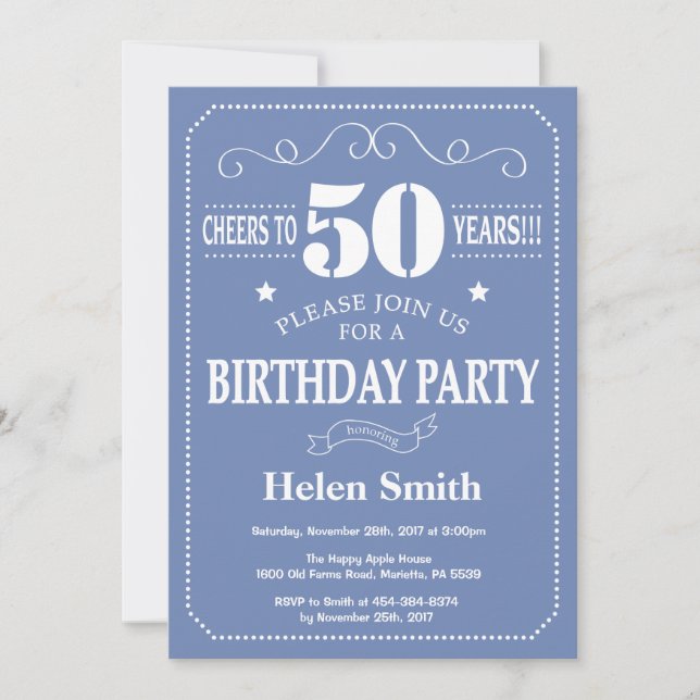 Invitación Cumpleaños 50 Azul y Blanco (Anverso)