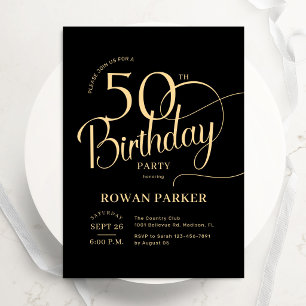 Invitación Cumpleaños 50 Black Gold Elegante Letra