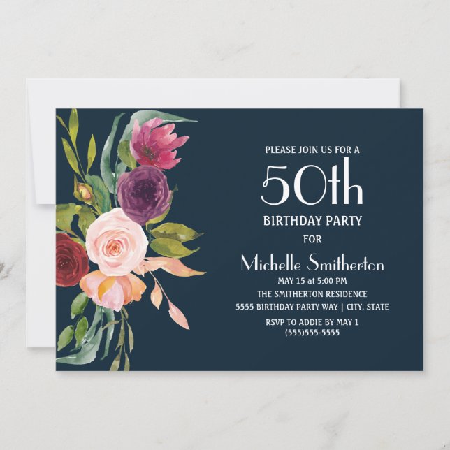 Invitación Cumpleaños 50 Blue Burgundy Blush Floral (Anverso)
