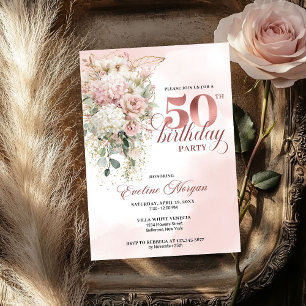 Invitación Cumpleaños 50 Blush Floral Eucalyptus Rose Gold