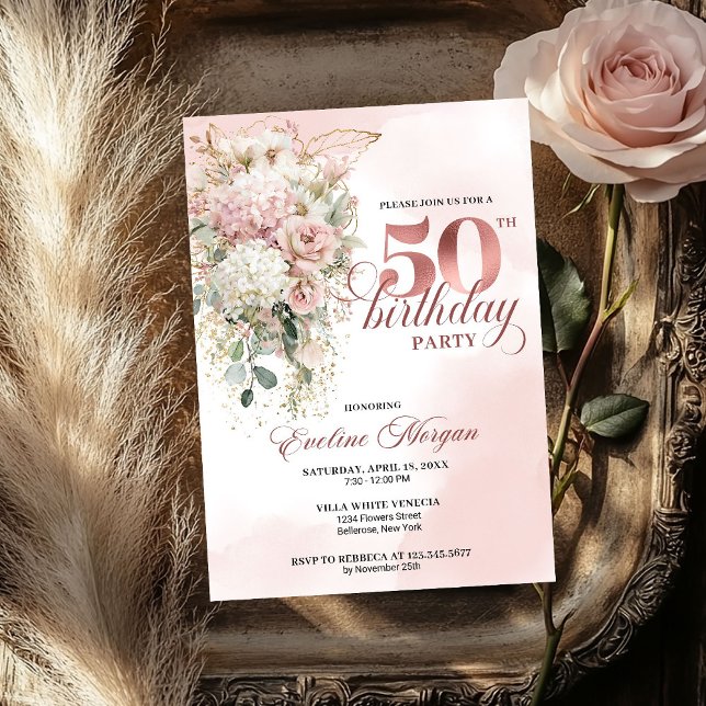 Invitación Cumpleaños 50 Blush Floral Eucalyptus Rose Gold (Blush Floral Eucalyptus Rose Gold 50th Birthday Invite)