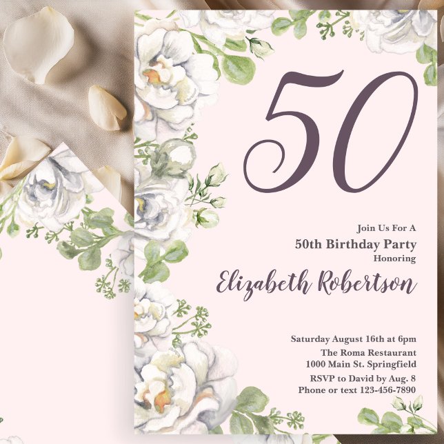 Invitación Cumpleaños 50 Blush Rosado Floral Peoní (Subido por el creador)