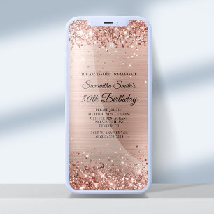 Invitación Cumpleaños 50 Brillante con Lámina de Rosa Dorado