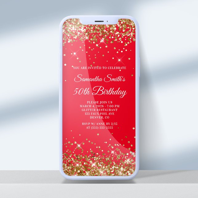 Invitación Cumpleaños 50 Brillante de Rojo y Dorado (Subido por el creador)